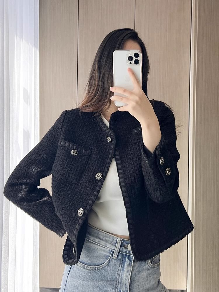 Pocketed Button-Up Tweed Jacket