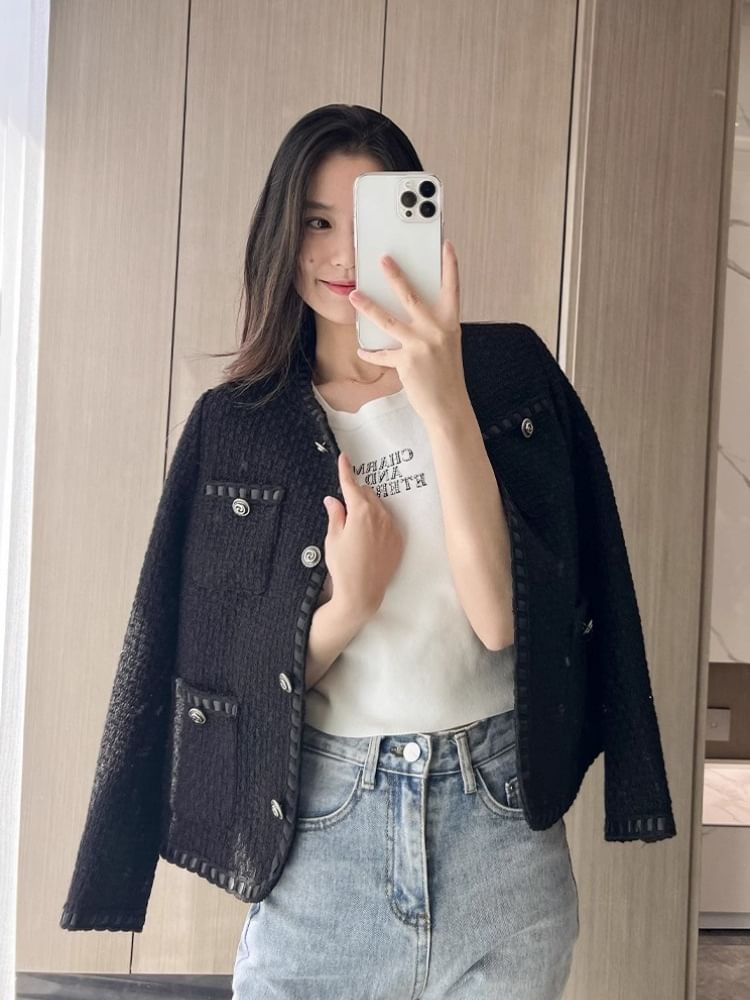 Pocketed Button-Up Tweed Jacket