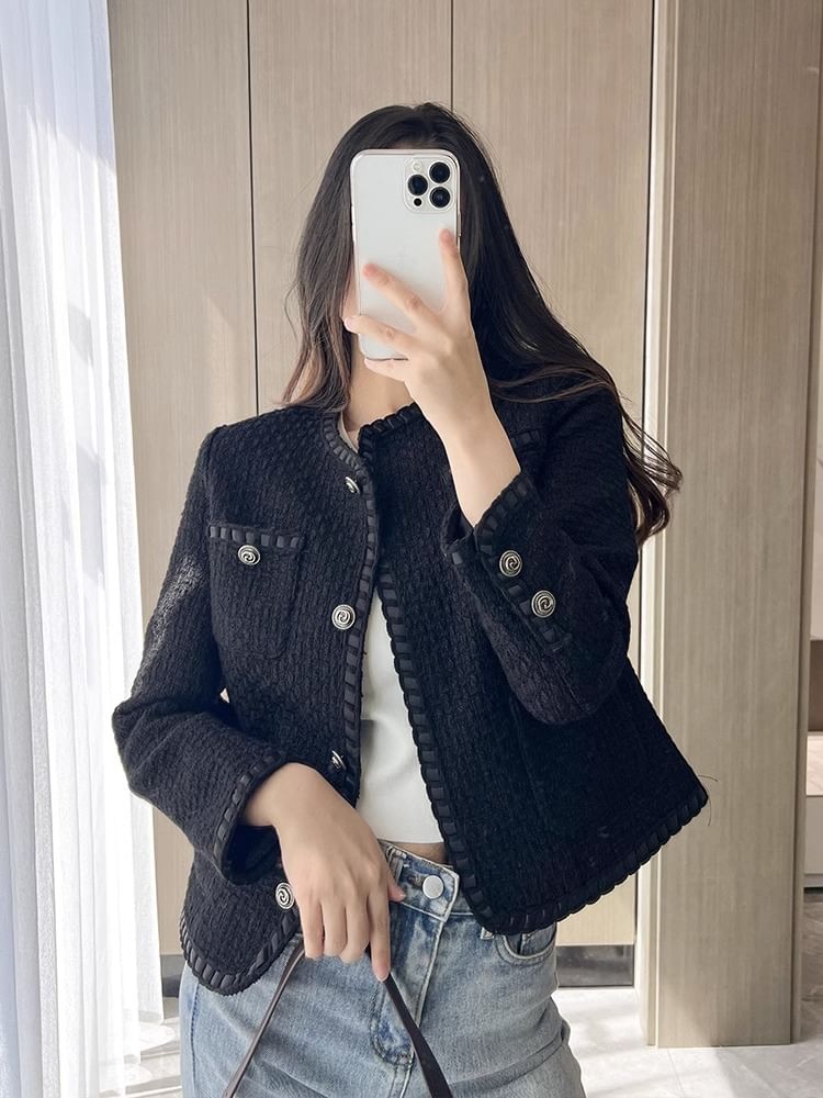 Pocketed Button-Up Tweed Jacket