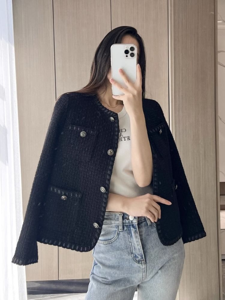 Pocketed Button-Up Tweed Jacket