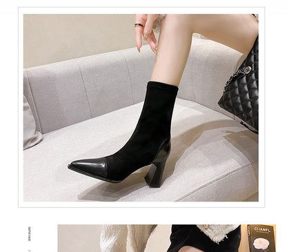 Block Heel Pointy Mid Calf Boots