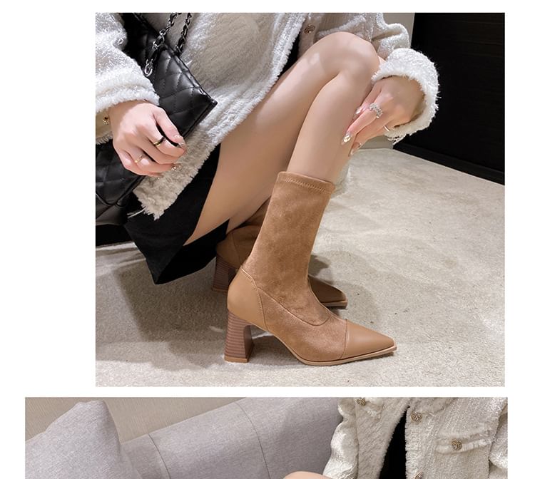 Block Heel Pointy Mid Calf Boots