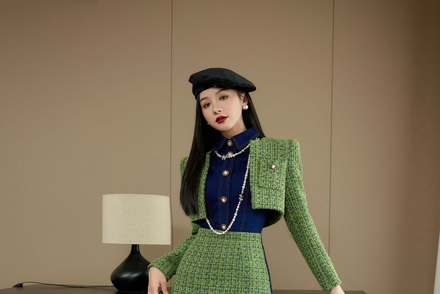 Short-Sleeve Collar Tweed Panel Mini Sheath Dress / Tweed Crop Jacket