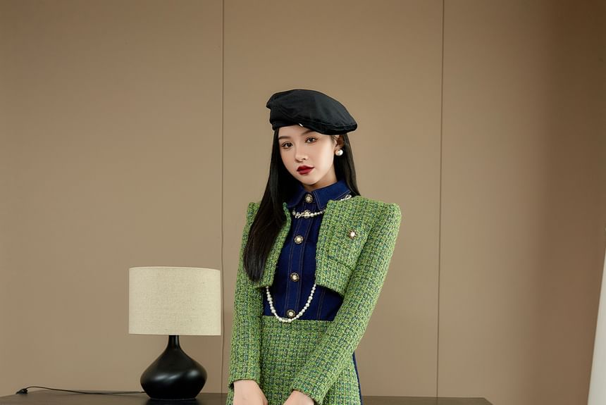 Short-Sleeve Collar Tweed Panel Mini Sheath Dress / Tweed Crop Jacket