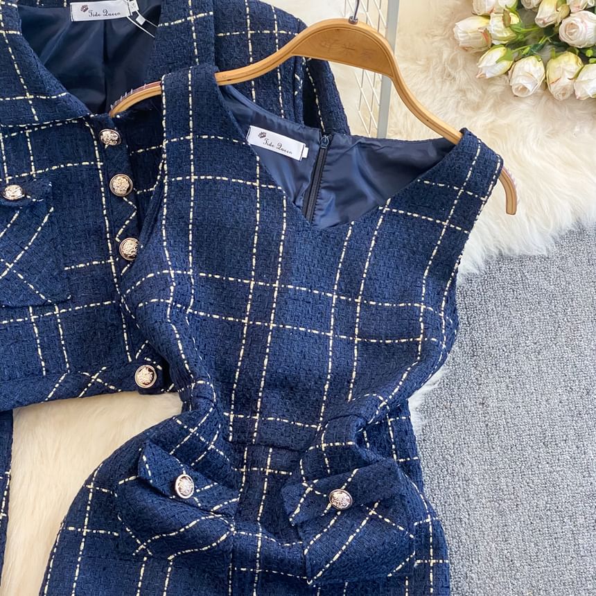 Set: Collared Plaid Tweed Button-Up Crop Jacket + Sleeveless V-Neck Mini Sheath Dress