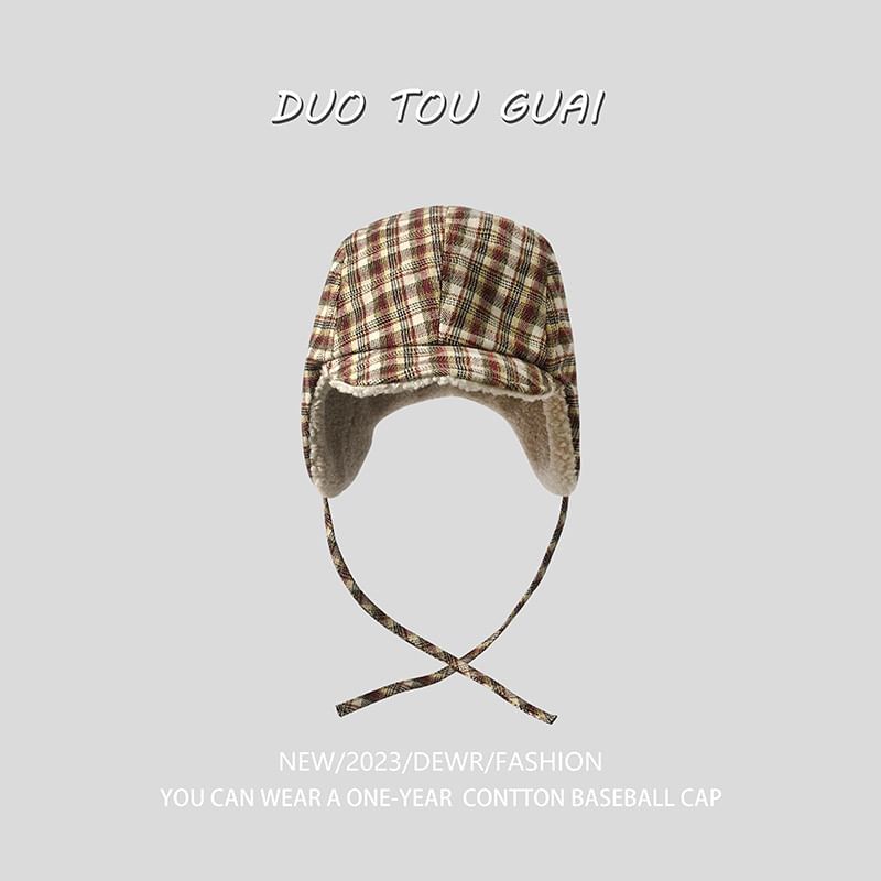 Lined Plaid Hat Trapper Fleece