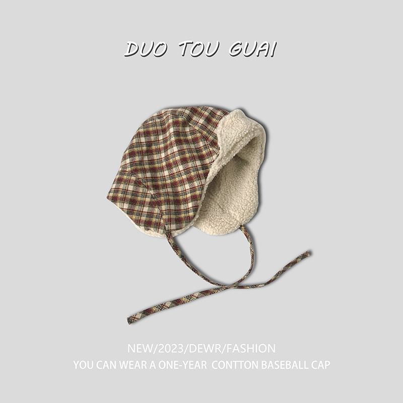 Lined Plaid Hat Trapper Fleece