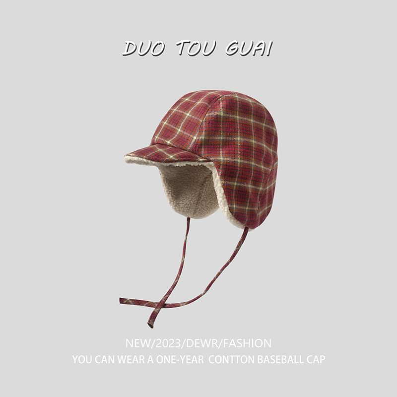 Lined Plaid Hat Trapper Fleece
