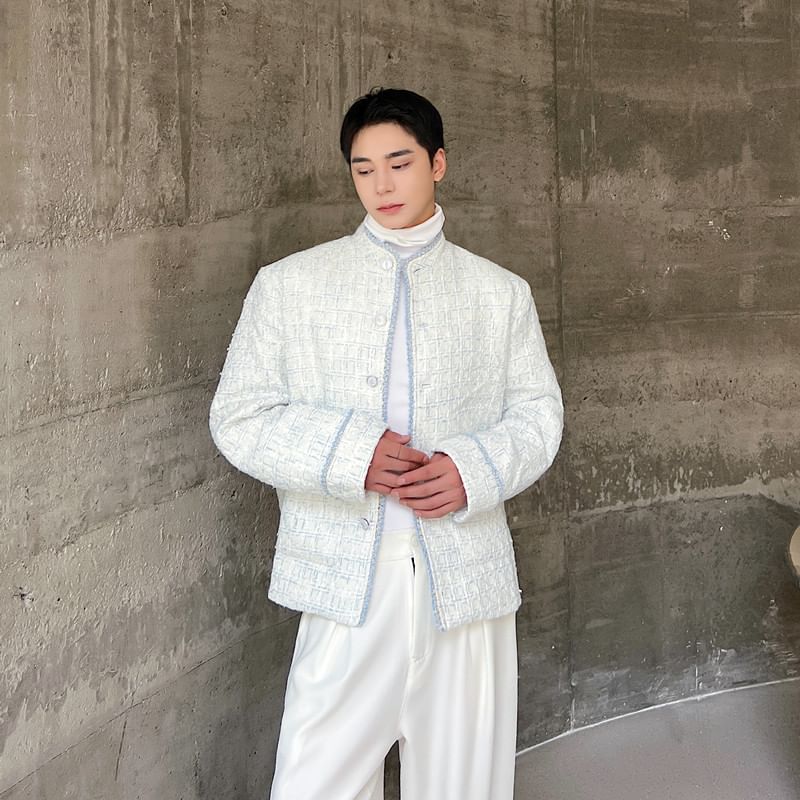Stand Collar Tweed Contrast Trim Button-Up Jacket