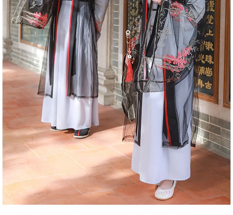 Couple Matching Embroidered Mesh Hanfu Jacket / Top / Long Top / High Waist Maxi A