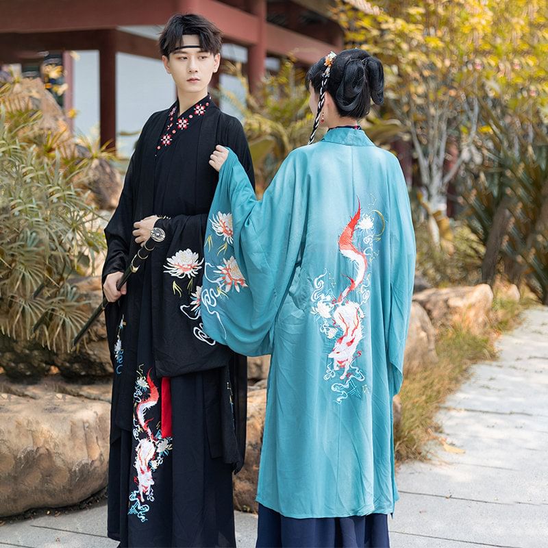 Couple Matching Fox Floral Embroidered Hanfu Jacket / Top / High Waist Maxi A