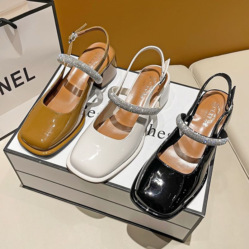 Block Jane Square Rhinestone Slingback Toe Pumps Heel Mary