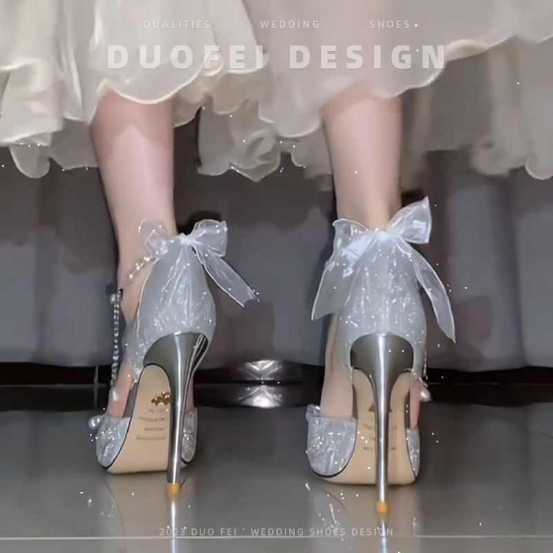 Glitter Ankle Sandals Bow Faux Strap Stiletto Pearl