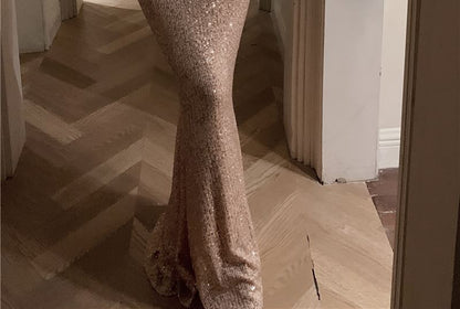 Halter Cowl Neck Plain Sequin Mermaid Evening Gown