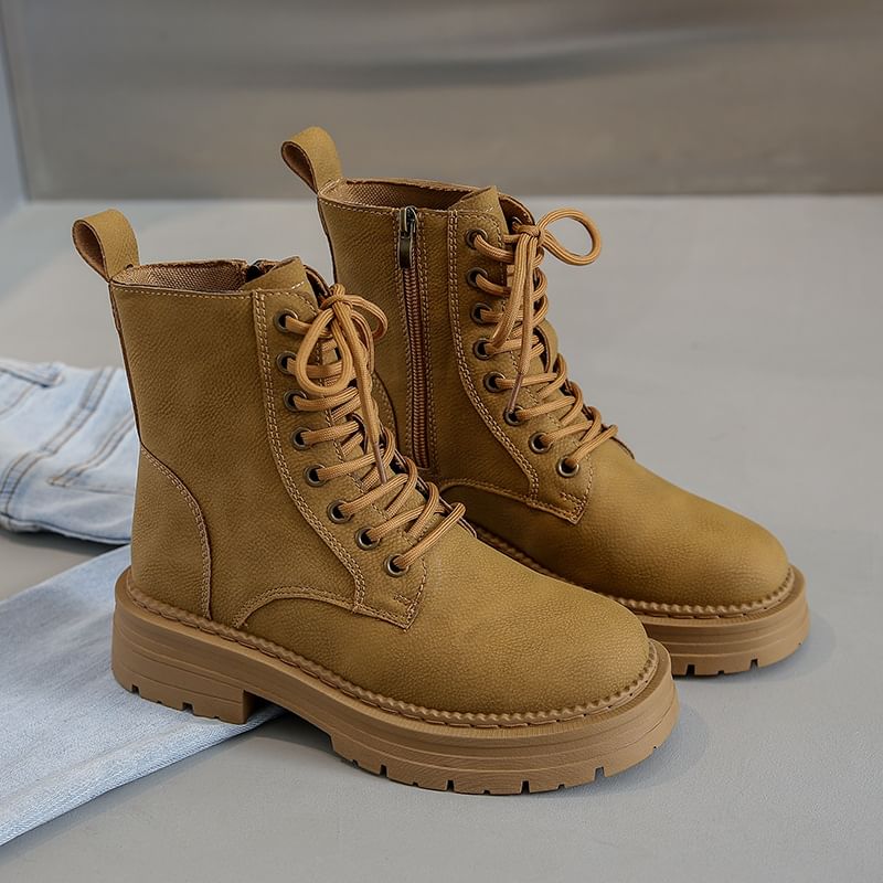 Short Chunky Heel Boots Faux Plain Leather Lace-Up