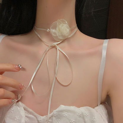 Floral Fabric Faux Pearl Cord Choker