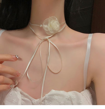 Floral Fabric Faux Pearl Cord Choker