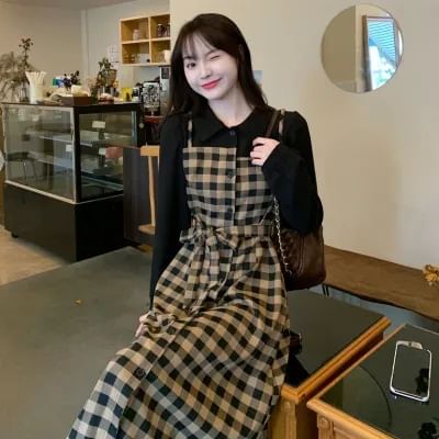Two A-Line Dress Long-Sleeve Midi Collared Mock Piece Plaid