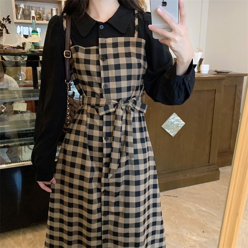 Two A-Line Dress Long-Sleeve Midi Collared Mock Piece Plaid