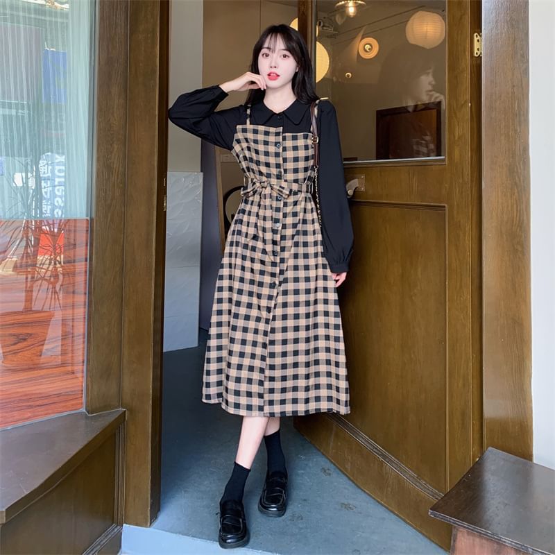Two A-Line Dress Long-Sleeve Midi Collared Mock Piece Plaid