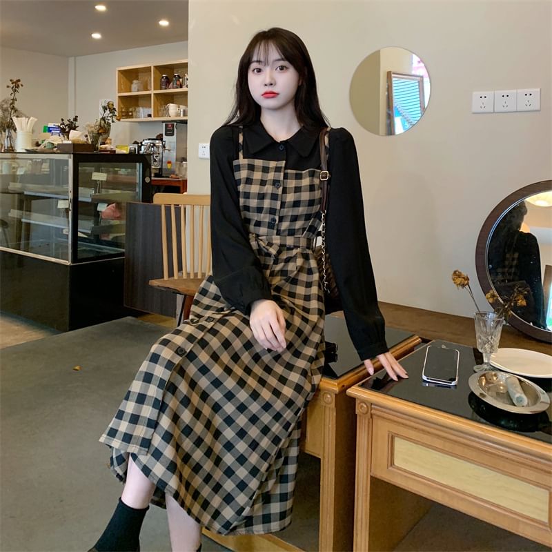 Two A-Line Dress Long-Sleeve Midi Collared Mock Piece Plaid