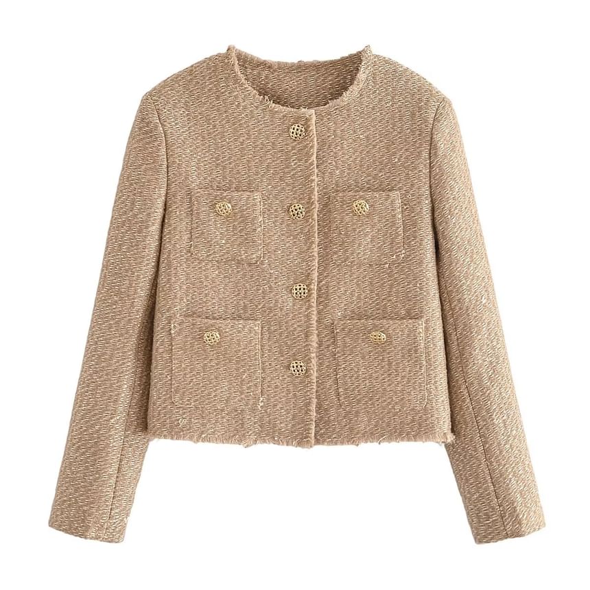 Crew Neck Plain Tweed Frayed Button-Up Jacket