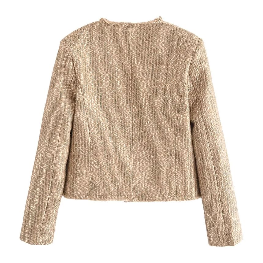 Crew Neck Plain Tweed Frayed Button-Up Jacket