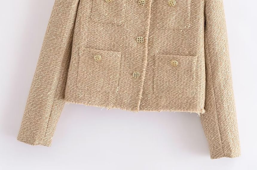 Crew Neck Plain Tweed Frayed Button-Up Jacket