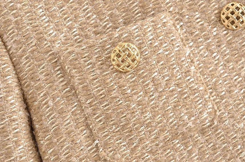 Crew Neck Plain Tweed Frayed Button-Up Jacket