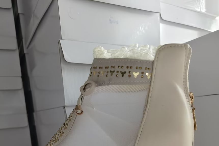 Chunky Trim Boots Lace Ankle Pointed Heel Mesh Panel