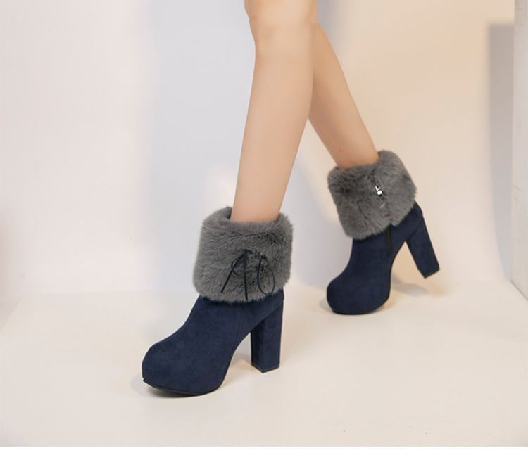 Fluffy Boots Ankle Chunky Trim Heel Platform