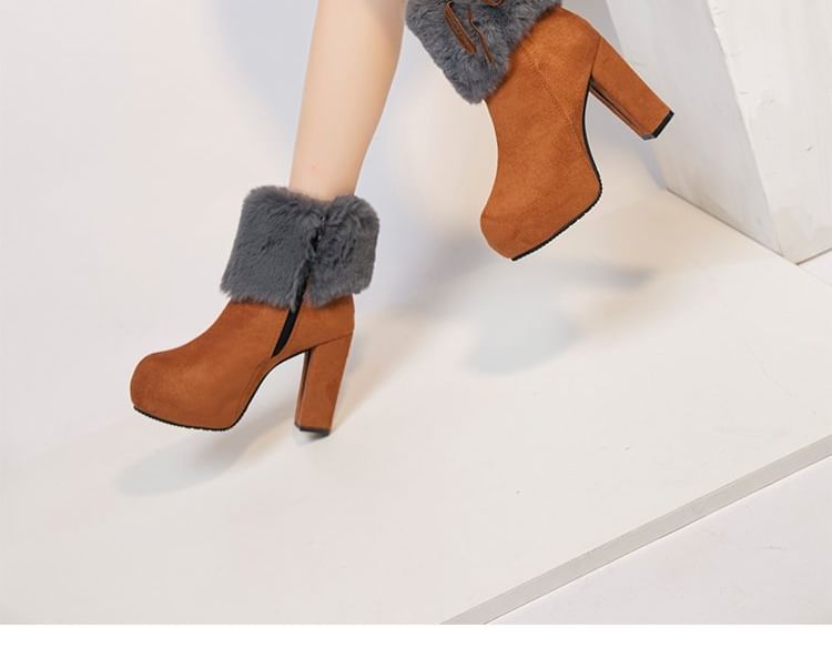 Fluffy Boots Ankle Chunky Trim Heel Platform