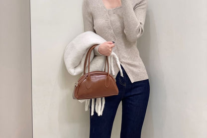 Long-Sleeve Asymmetrical Neckline Button-Up Knit Top