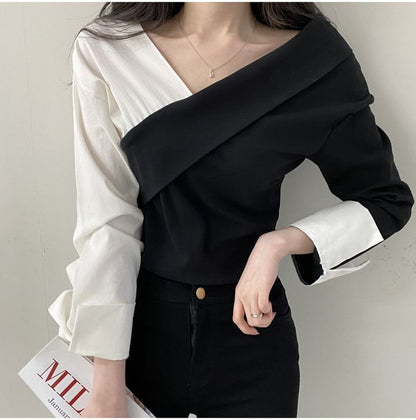 Long-Sleeve V-Neck Two Tone Blouse