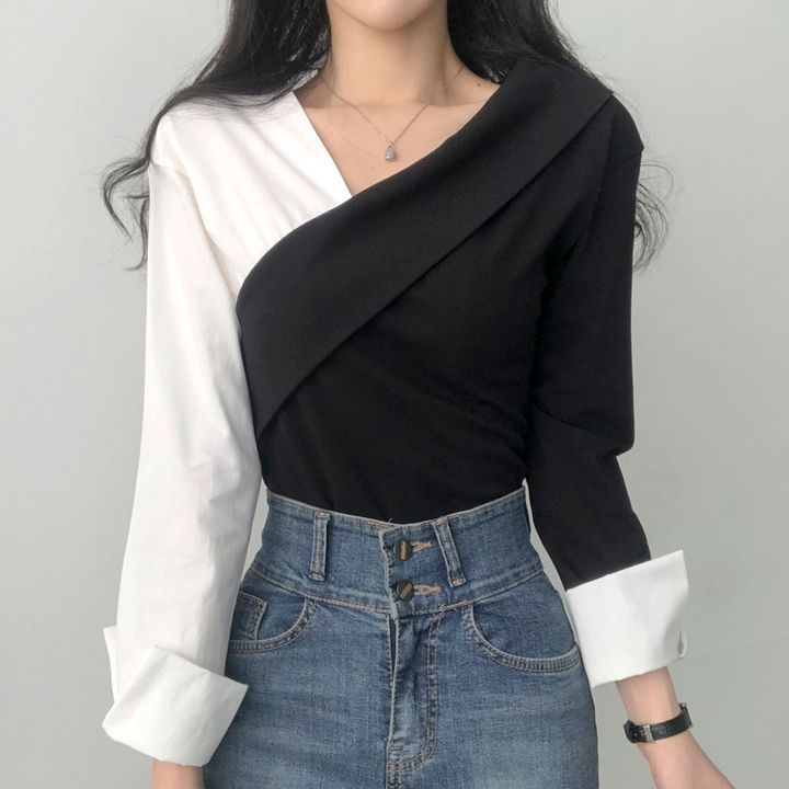 Long-Sleeve V-Neck Two Tone Blouse