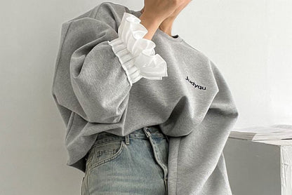 Puff-Sleeve Crewneck Lettering Pullover