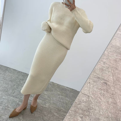 Set: Crewneck Plain Sweater + High Waist Midi Skirt