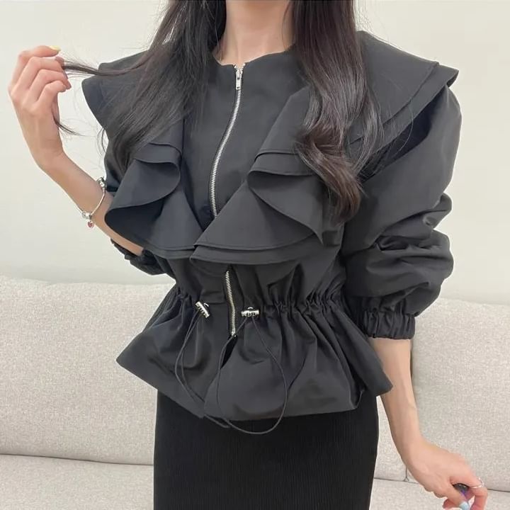 Puff-Sleeve Crewneck Ruffle Crop Blouse