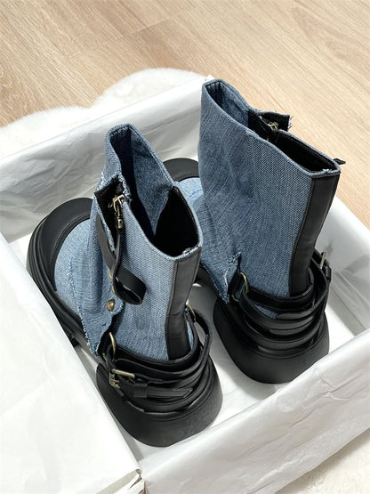 Platform Washed Denim Panel Short Boots