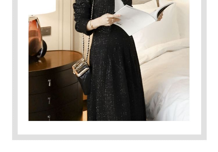 Set: Tweed Sequined Button-Up Jacket + High Waist Midi A-Line Skirt