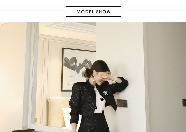 Set: Tweed Sequined Button-Up Jacket + High Waist Midi A-Line Skirt