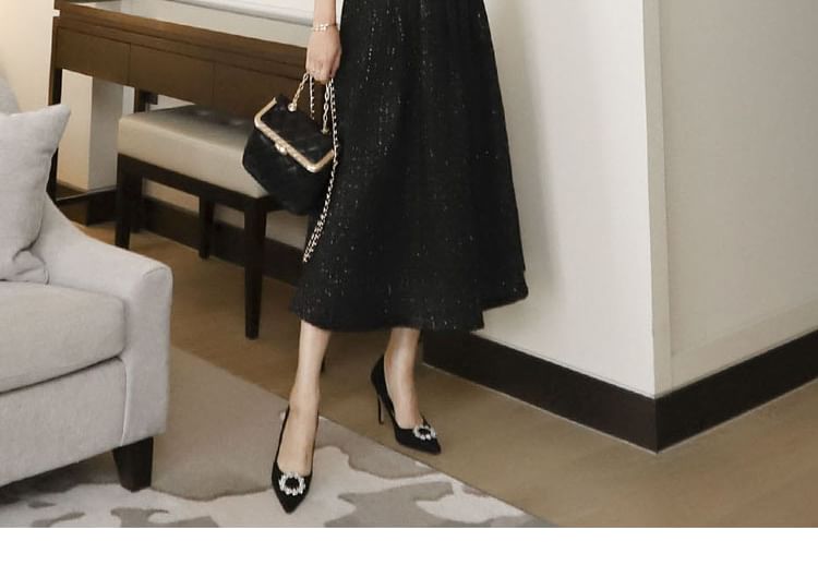 Set: Tweed Sequined Button-Up Jacket + High Waist Midi A-Line Skirt