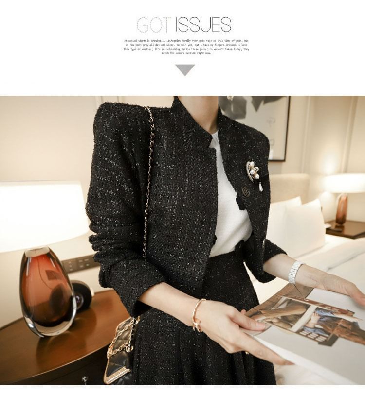Set: Tweed Sequined Button-Up Jacket + High Waist Midi A-Line Skirt