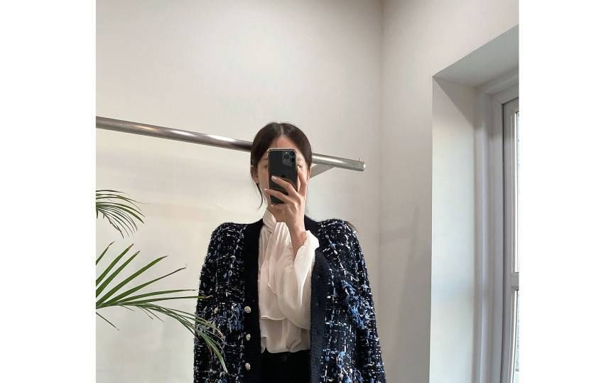 V-Neck Tweed Tasseled Button-Up Cardigan