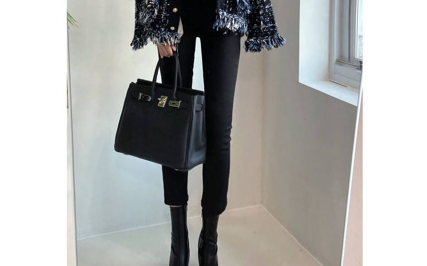 V-Neck Tweed Tasseled Button-Up Cardigan