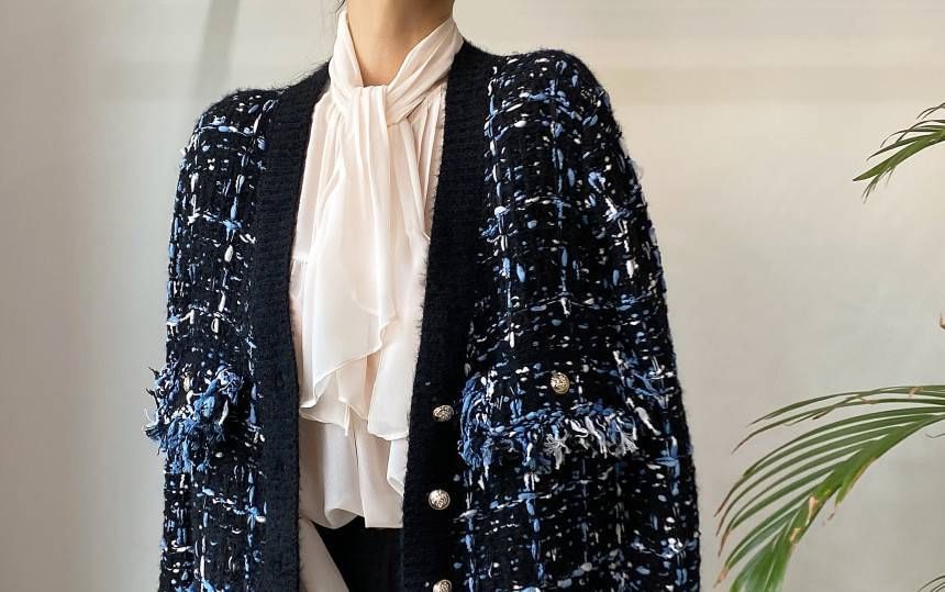 V-Neck Tweed Tasseled Button-Up Cardigan