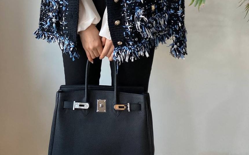 V-Neck Tweed Tasseled Button-Up Cardigan