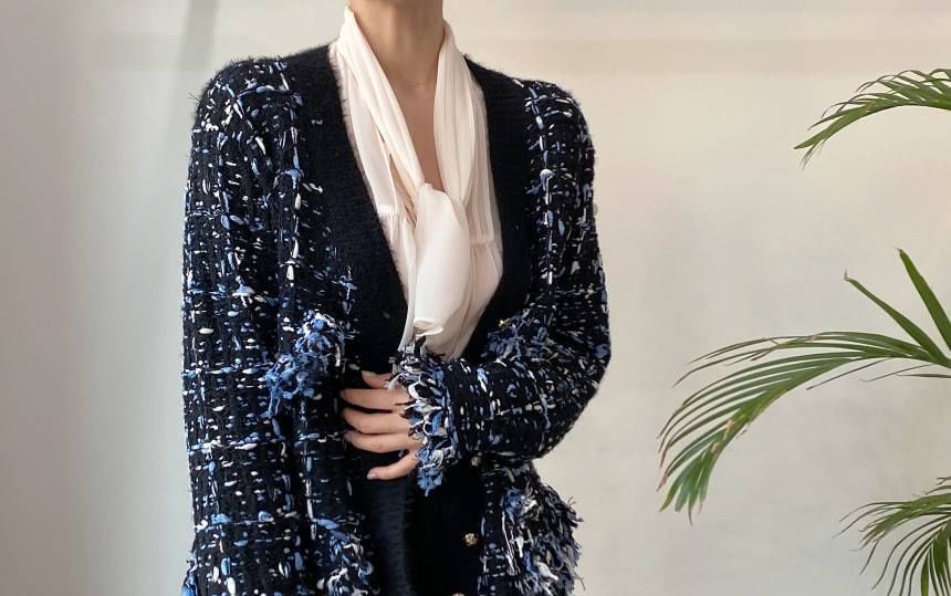 V-Neck Tweed Tasseled Button-Up Cardigan