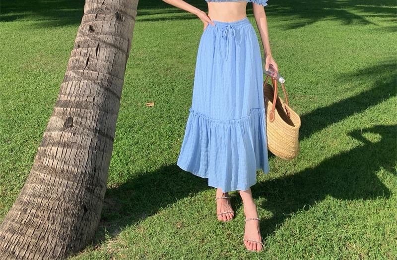 Set: Short-Sleeve Off Shoulder Plain Crop Top + Mid Waist Plain Maxi A-Line Skirt