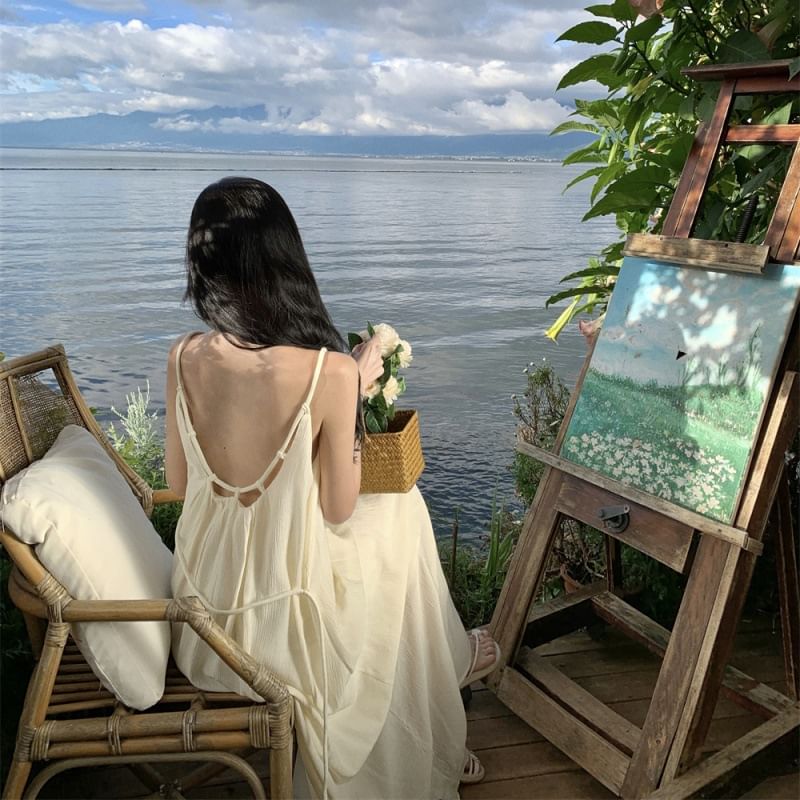 Dress Strap Maxi Plain Back Open A-Line Neck Spaghetti Scoop